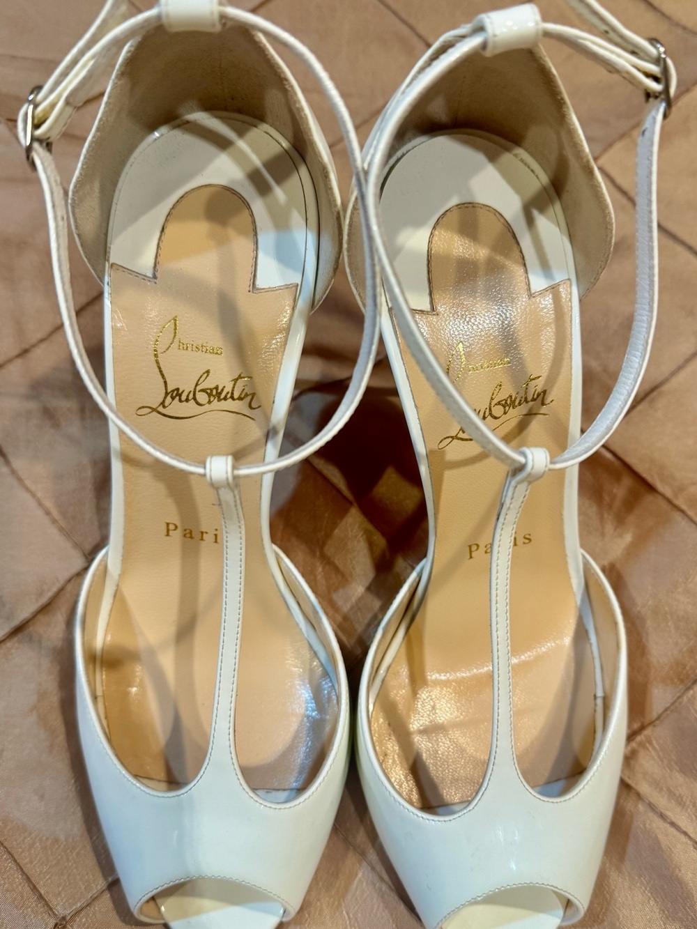 Christian Louboutin White Patent Leather T-Strap Peep-Toe Heels, size 37.5